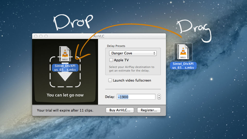 A screenshot of showing how to drag items into AirVLC