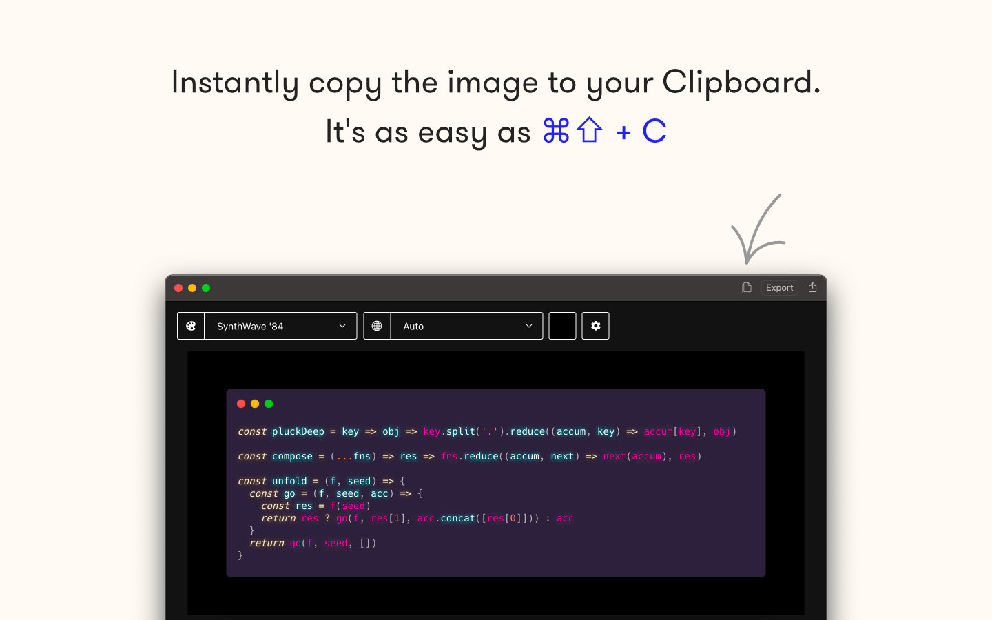 App Store image showing a screenshot of the main window with caption: Instantly copy the image to your Clipboard.