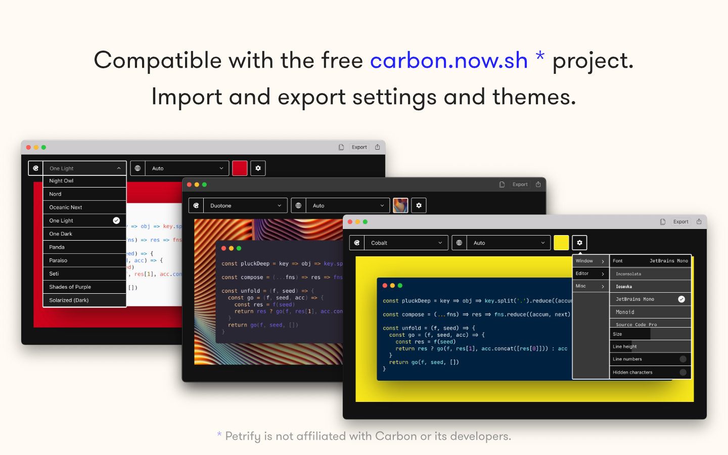 App Store images showing several screenshots of Petrify's editor with caption: Leverages the highly customizable editor of carbon.now.sh
