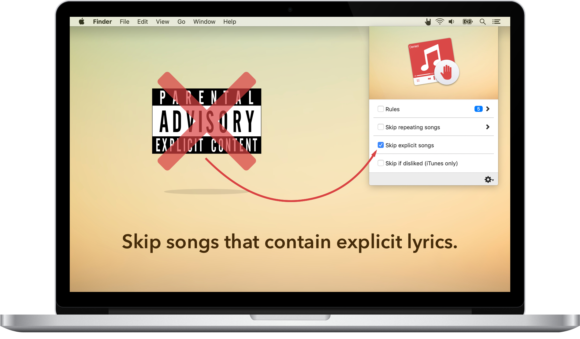 A MacBook running Denied showing that it can skip explicit songs
