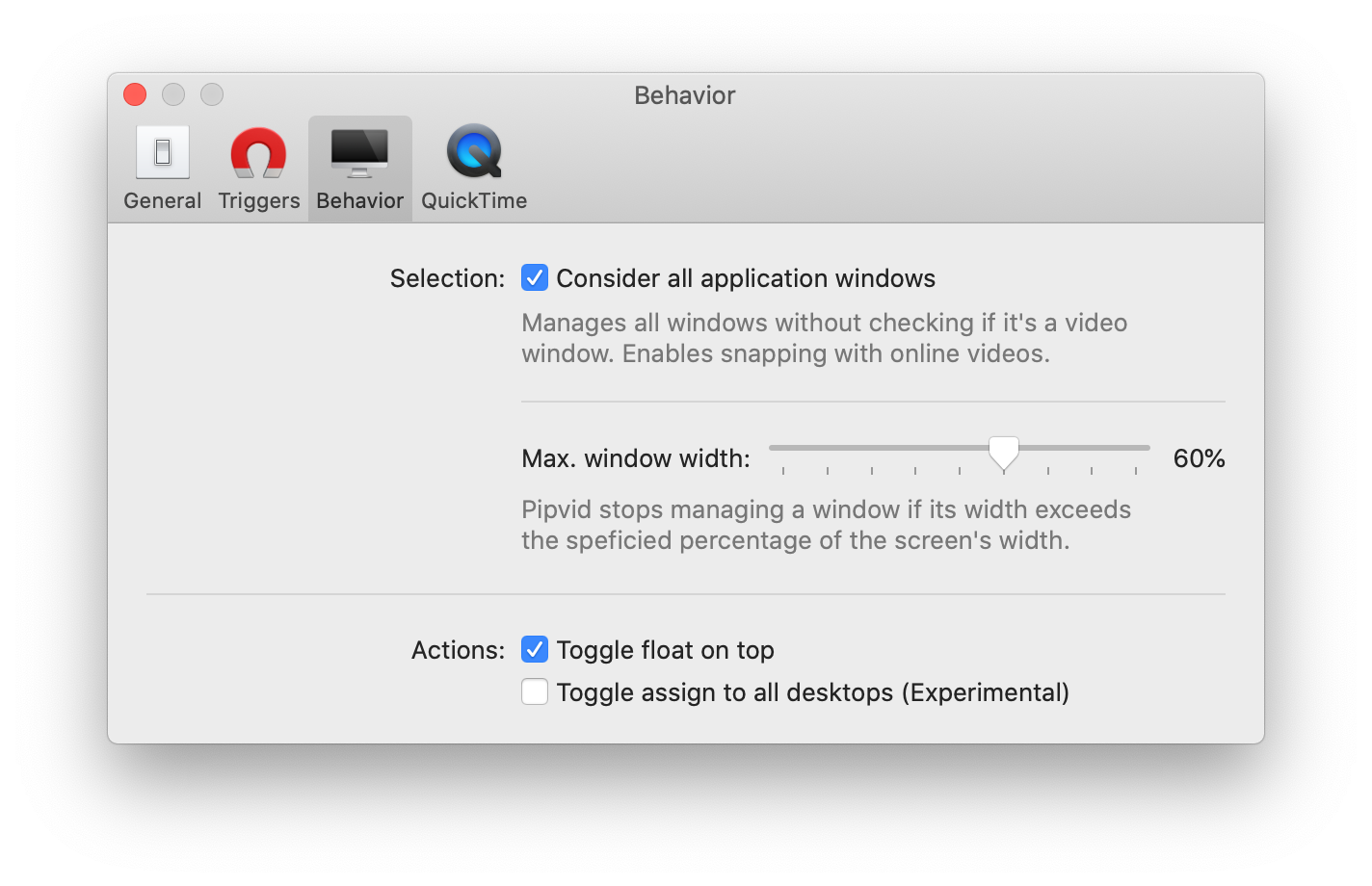 Shows Pipvid's preferences screen where you can modify its behavior