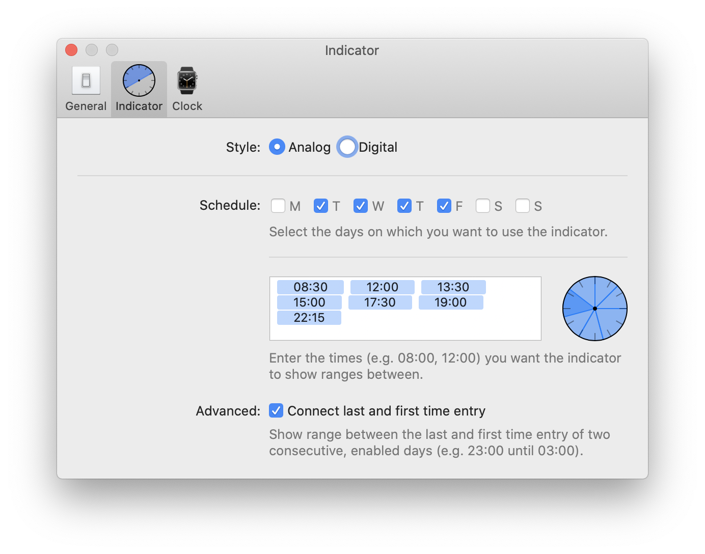 A screenshot of the indicator preferences screen of Timeless