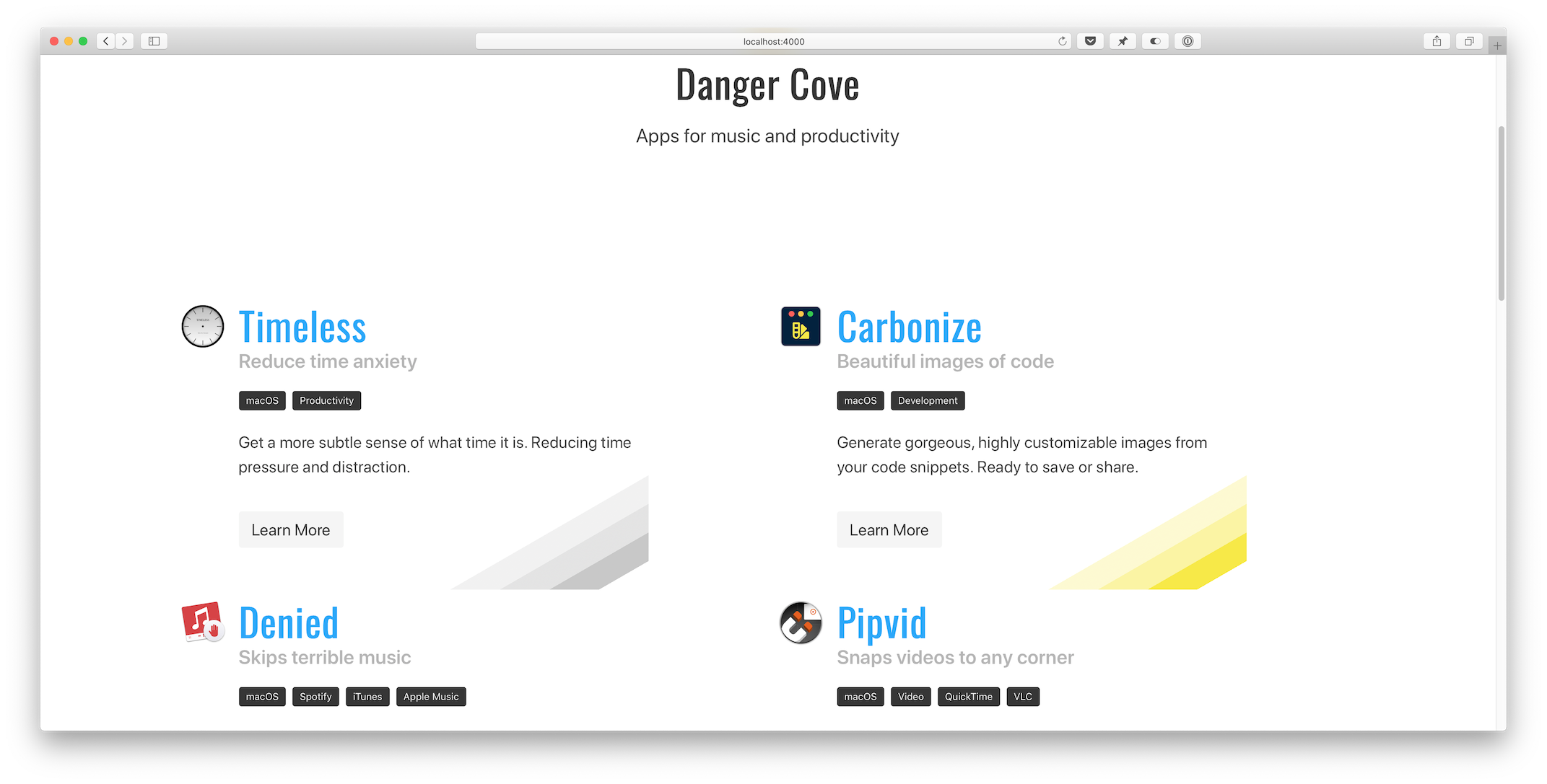 A screenshot of the homepage before the changes. There was a large header with just the Danger Cove logo.