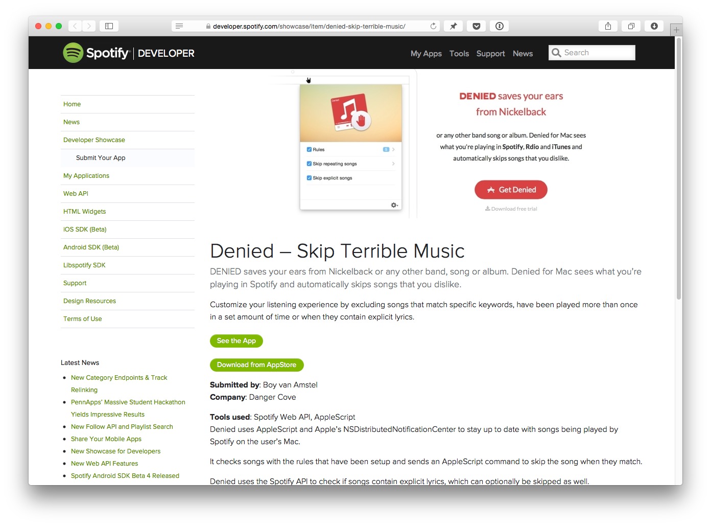Denied on Spotify's Developer Showcase Detail Page